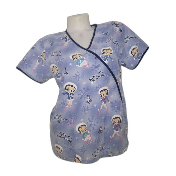 BETTY BOOP Baby Its Cold Outside Blue Scrub Scrubs Top Womens Size Small - Picture 6 of 6